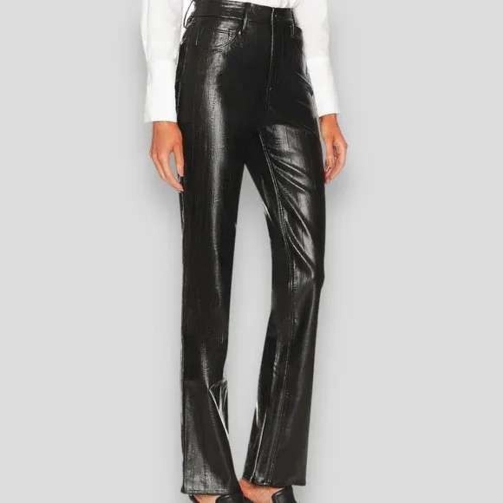 Good American Good Icon Straight High-Rise Trouser Faux Leather Black Eel‎ 16